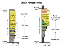 Schematic graphic log showing facies successions in common types of clastic parasequences Clastic Parasquences.jpg