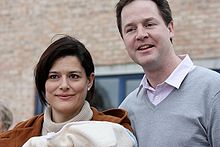 Clegg with his wife Miriam holding their third son Miguel on 23 February 2009 Clegg and Gonzalez Durantez.jpg