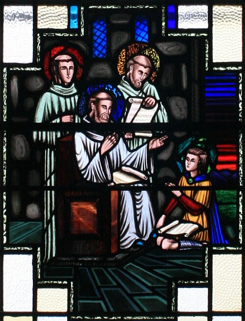 St. David as the teacher of Finnian of Clonard in a stained glass window restored to its 1181 appearance at Clonard