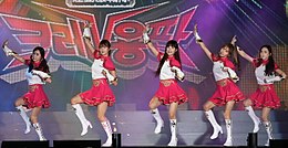 The physical appearances of K-pop idols, with slim bodies and pale skin, impacts Korean beauty standards. Crayon Pop at 2015 Summer K-POP Festival.jpg