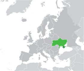 Местоположба на Крим (темнозелена боја) во однос на Украина (светлозелена боја) на картата на Европа.