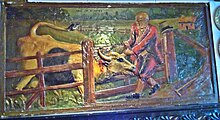 Farmer cutting off the cow's head – picture in the Waggon and Horses pub