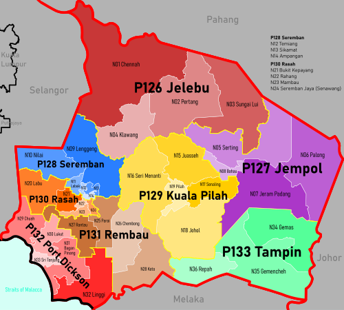 Electoral map of Negeri Sembilan, showing all 36 constituencies