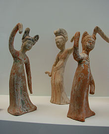 Tang dynasty figurines of female dancers. Dancing with sleeve movements is known from the Zhou dynasty and earlier in China. Danseuses Chine Guimet 291002.jpg