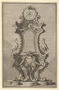 Baroque volutes on a design for a clock from 'Disegni Diversi', by Giovanni Giardini and Maximilian Joseph Limpach, 1714-1750, etching and engraving, Metropolitan Museum of Art