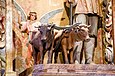 Détail d'une statue de saint Isidore avec ange et bœufs, église Saint-Jean-Baptiste, Amaya (Sotresgudo), Espagne.