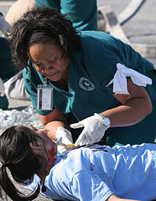 Students from Piedmont College's Nursing Department participate in an annual disaster drill to practice their triage skills. The 2015 drill simulated a gas tank explosion. Disaster Drill Piedmont 2015.jpg