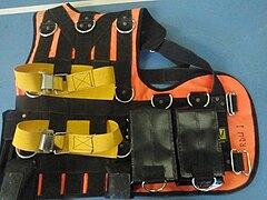 A diver's safety harness with removable weight pockets, used for surface-supplied diving