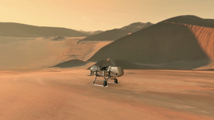 An artist's concept of the Dragonfly rotorcraft-lander approaching a site on Titan.