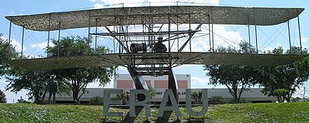 The life-size Wright Flyer statue at Embry-Riddle Aeronautical University's campus.