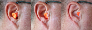 Three photographs of an ear with earplugs inserted into them