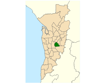 Map of Adelaide, South Australia with electoral district of Dunstan highlighted