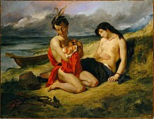 Oil painting of a pale and handsome man with feathers in his hair sitting on a river bank holding a baby with the mother reclining behind him, breast-bared. A canoe is behind them and a tomahawk is lying on the ground in front of them.