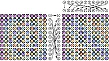 Visual representation of a DFT matrix in Rader's FFT algorithm. The array consists of colored clocks representing a DFT matrix of size 11. By permuting rows and columns (except the first of each) according to sequences generated by the powers of the primitive root of 11, the original DFT matrix becomes a circulant matrix. Multiplying a data sequence with a circulant matrix is equivalent to the cyclic convolution with the matrix's row vector. This relation is an example of the fact that the multiplicative group is cyclic:
(
Z
/
p
Z
)
x
[?]
C
p
-
1
{\displaystyle (\mathbb {Z} /p\mathbb {Z} )^{\times }\cong C_{p-1}}
. FFT visual Rader 11.jpg