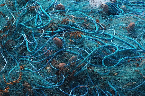 Fishing net made of blue linen and fine knotted net, Guadeloupe