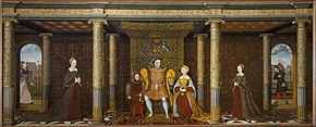 1545 painting showing left to right: 'Mother Jak', Mary, Edward, Henry VIII, Jane Seymour (posthumous), Elizabeth, Will Somers (court fool) Family of Henry VIII c 1545.jpg