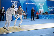 Deutsch: Fechten bei den Olympischen Jugend-Sommerspielen 2018: Tag 1, 7. Oktober 2018, Jungen, Säbel, Runde der letzten 16 - Ali Al-Bahrani (KSA) Vs Antonio Heathcock (GER) 9:15 English: Fencing at the 2018 Summer Youth Olympics at 7 October 2018 – Boys' sabre Round of 16 – Ali Al-Bahrani (KSA) Vs Antonio Heathcock (GER) 9:15