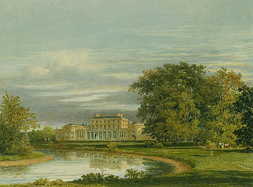 View across a lake to a large house. Trees to the right.