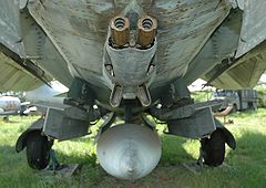 GSh-23 autocannon mounted on the underside of a Mikoyan-Gurevich MiG-23