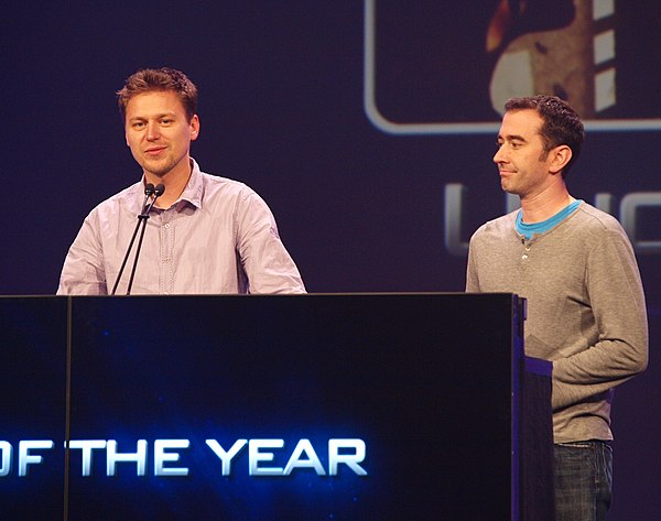 Former co-president Christophe Balestra (left) and current president Evan Wells (right) accepting Game of the Year for Uncharted 2: Among Thieves at the Game Developers Choice Awards in 2010.