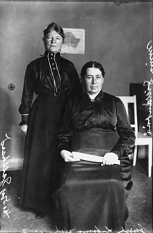 Finland's first female ministers were brought to Finnish Parliament shortly after the turn of the 20th century. From left to right: Hedvig Gebhard (1867-1961), member of parliament, and Miina Sillanpaa (1866-1952), Minister of Social Affairs, in 1910. Gebhard-Sillanpaa-1910.jpg
