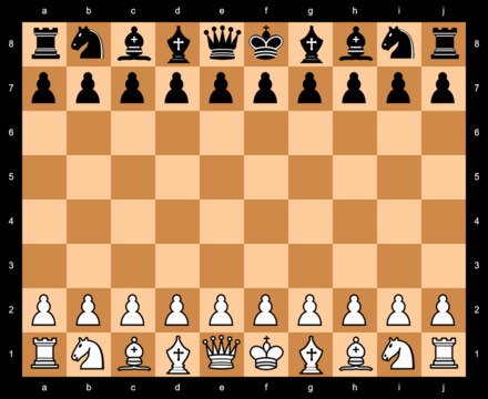 Gemini Chess initial position. The archbishops surround the queen and king from each side.