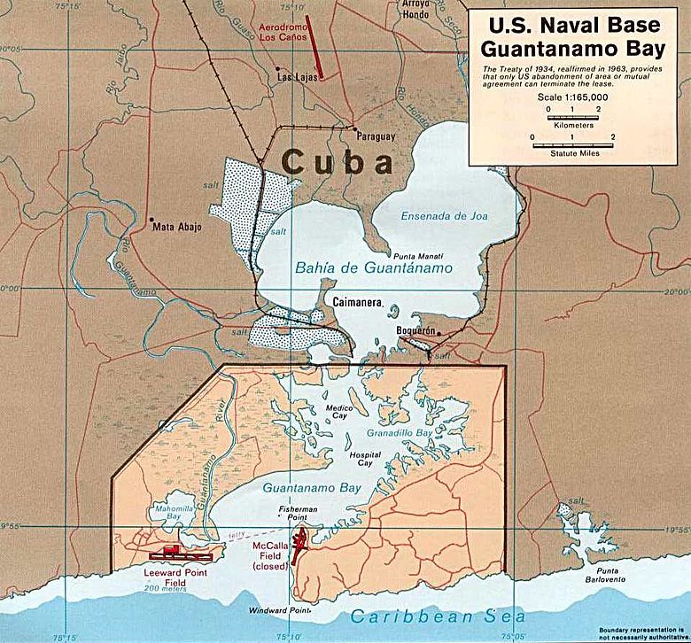 Map of Guantánamo Bay showing approximate U.S. Naval Base boundaries