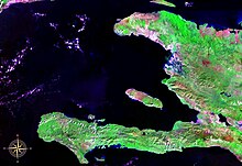 An enlargeable false colour satellite image of Haiti Gulf of Gonave NASA.jpg