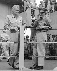 Admiral McCain (R) with Admiral William Halsey on the battleship Missouri on September 2, 1945, shortly after the ceremony in which Japan surrendered, ending World War II. Halsey Mccain-adjusted.jpg