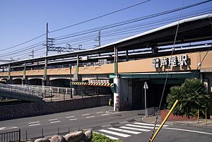 由東南側望去的車站全景。照片左側橋樑部分橫跨者即為蘆屋川（日语：芦屋川）。