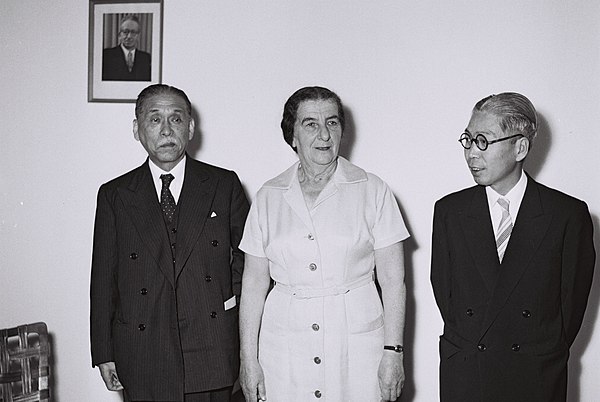 Hitoshi Ashida (L) during a visit to Israel in 1958, with Golda Meir and the Japanese Ambassador to Israel, Kuniyoshi Negishi