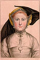 Gable hood with lappets and one side of veil pinned up. Engraving after Holbein, c. 1535.