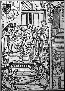 Hotel Dieu in Paris, about ad 1500. The priest on the right is issuing the last sacraments, while a nun administers to the patient on the left. Patients often slept two, three and even four to a bed Hotel-dieu-1500-nuns-detail.jpg