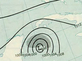 Orkaan Hattie op maximale kracht ten zuidoosten van Yucatán op 19 oktober 2005