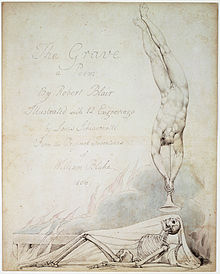 Title page of Cromek's 1808 publication of The Grave with Blake's drawing engraved by Schiavonetti Illustrations to Robert Blair's The Grave , object 1 Title-Page Design for The Grave.jpg