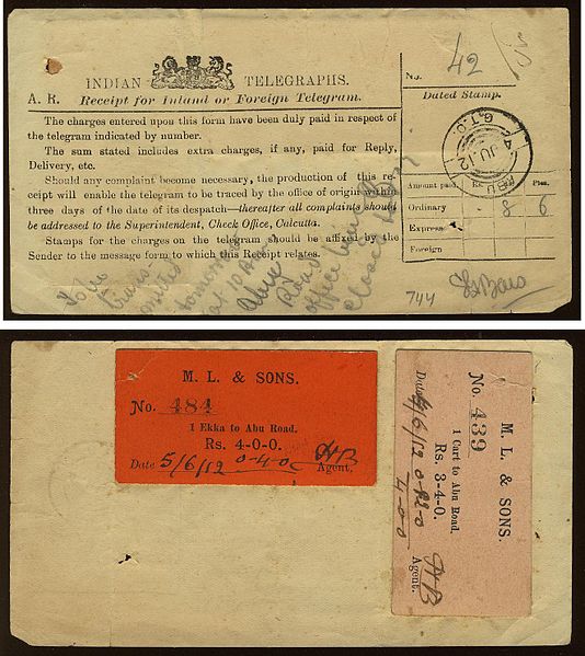 Indian telegraph receipt 1912 (front top and back bottom) with additional labels