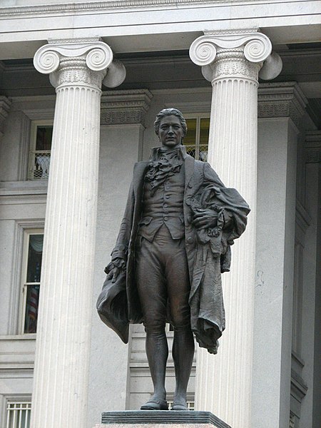 A statue of Hamilton on the south patio of the Treasury Building in Washington, D.C.