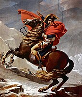 Tableau montrant un homme avec une cape rouge monté sur un cheval marron cabré