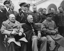 U.K. Prime Minister Winston Churchill, U.S. President Franklin D. Roosevelt and the Soviet Leader Joseph Stalin in Yalta, Soviet Union in February 1945 Jalta 1945.jpg