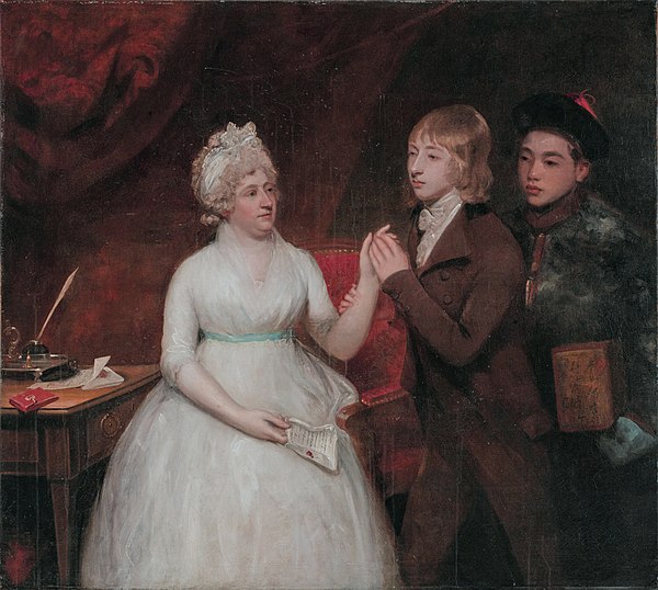 Lady Jane Staunton (d. 1823) with her son, afterwards Sir George Thomas Staunton Bart. (1781–1859), and a Chinese attendant holding a chest of tea. (J