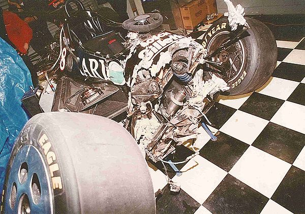 The aftermath of Andretti's crash at Indianapolis Motor Speedway during the 1992 Indianapolis 500