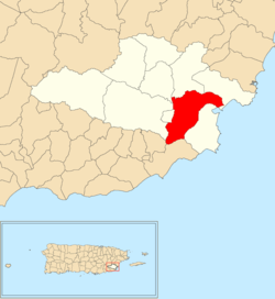 Juan Martín'in Yabucoa belediyesi içindeki yeri kırmızıyla gösterilmiştir