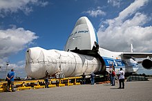 Unloading of an Atlas V rocket main stage at Cape Canaveral