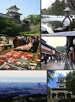 từ phía trên bên trái: Cổng thành Kanazawa, Kenroku-en, Chợ Ōmichō, Higashi Geisha District, Kanazawa nhìn từ núi Kigo, Oyama Shrine