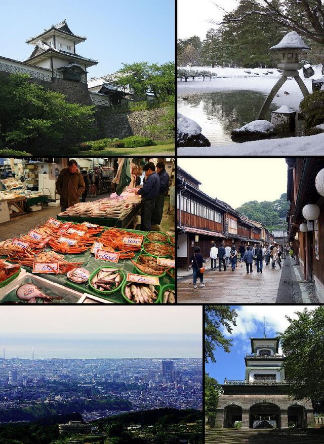 Do topo, à esquerda: Portão do Castelo de Kanazawa, Kenroku-en, Mercado Ōmichō, Distrito das Gueixas de Higashi, Kanazawa vista do Monte Kigo, e Santuário de Oyama