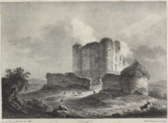 Le château selon une lithographie de Prosper de la Barrière (1823).