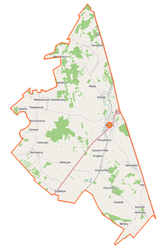 Mapa konturowa gminy Kuźnica, na dole po prawej znajduje się punkt z opisem „Parafia pw. Świętej Trójcy i św. Dominika w Klimówce”