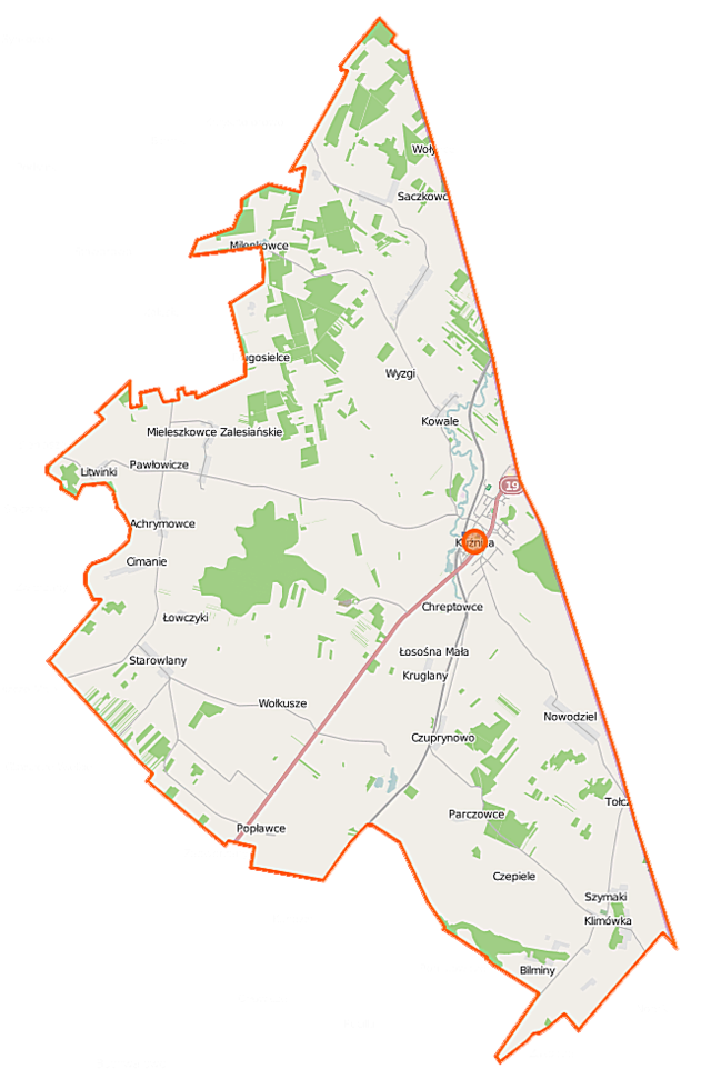 Mapa konturowa gminy Kuźnica, blisko centrum na prawo znajduje się punkt z opisem „Kościół Opatrzności Bożej w Kuźnicy”