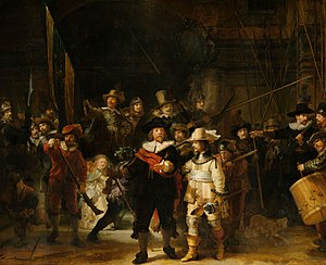 The Night Watch; by Rembrandt; 1642; oil on canvas; 3.63 × 4.37 m; Rijksmuseum (Amsterdam, the Netherlands)[164]