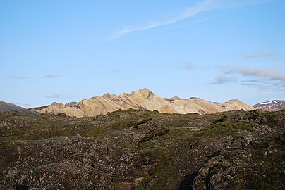 View from the lava field in direction of Jökulgil and the huts